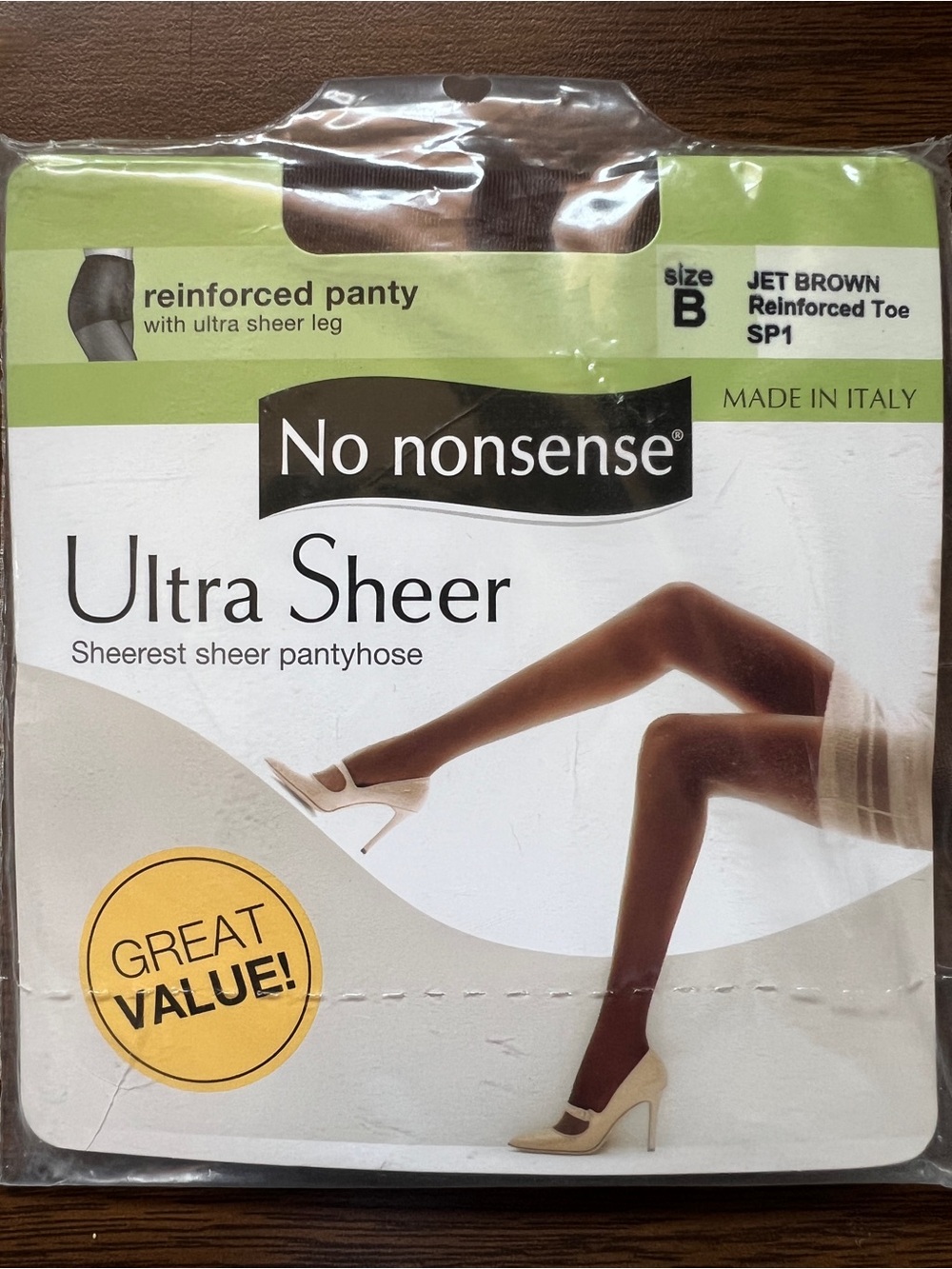 NWT - No Nonsense Ultra Sheer Jet Brown Pantyhose- Made in Italy
